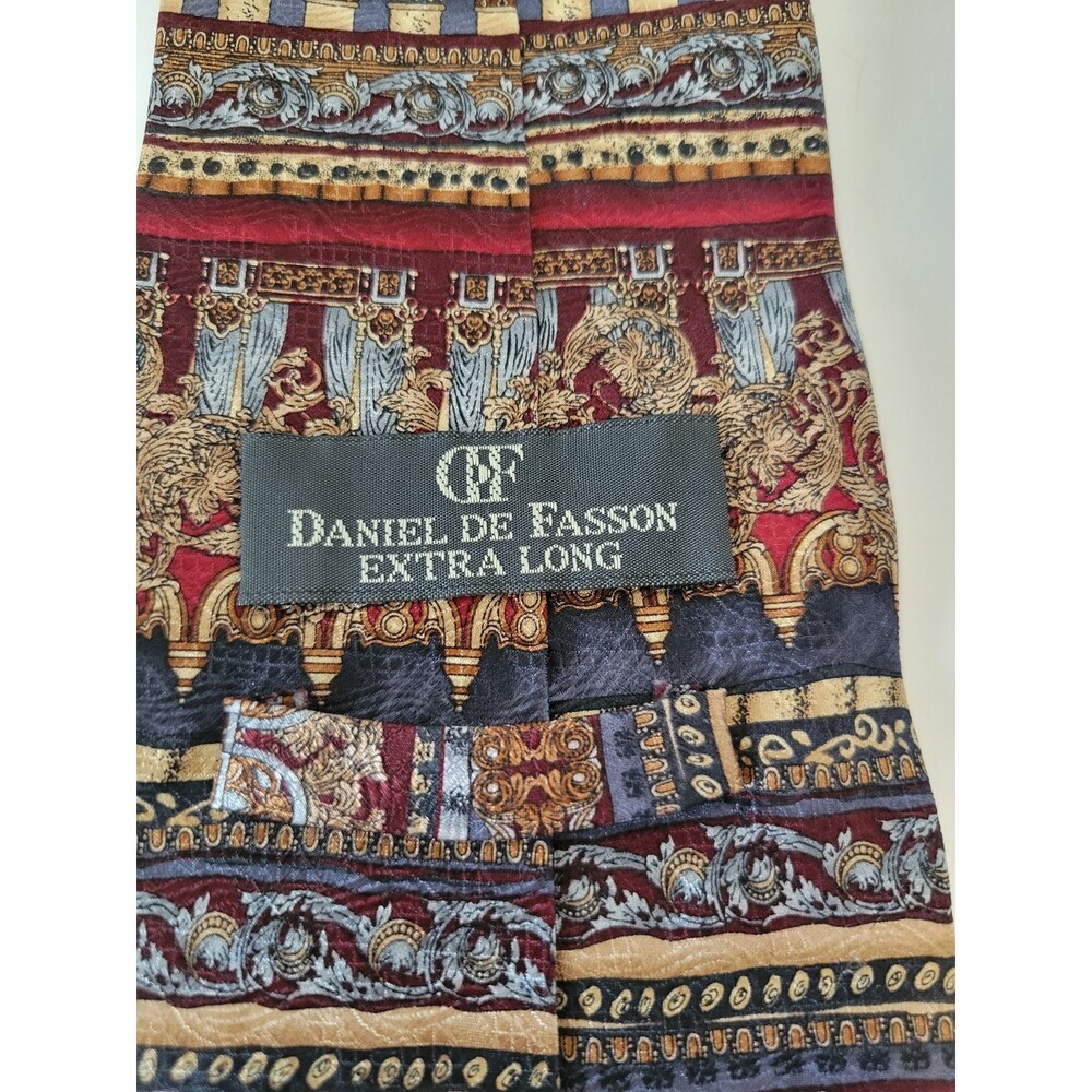 Daniel De Fasson Men's Extra Long Silk‎ Tie Red Gold Navy Ornate